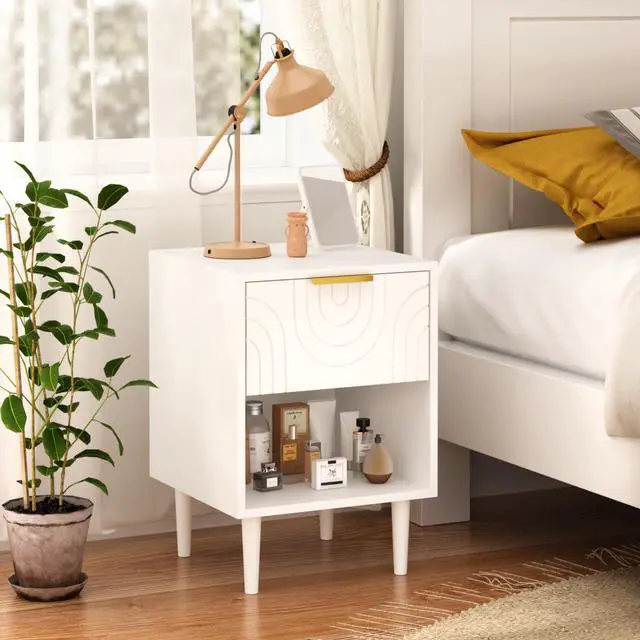 Alt view image 2 of 7 - 22.83'' H Modern White Nightstand With One Drawer And Open Shelf, Gold - Accented Handle, Ideal For Bedroom Decor