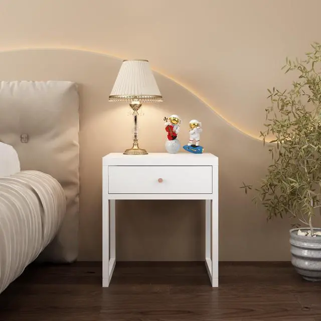 Alt view image 5 of 7 - Modern White Nightstand With Drawer, Minimalist Bedside Table With Wood Knob, Compact End Table For Bedroom, Apartment, Or Small Spaces, Easy Assembly