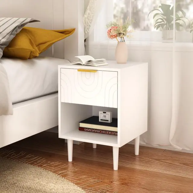 Alt view image 4 of 7 - 22.83'' H Modern White Nightstand With One Drawer And Open Shelf, Gold - Accented Handle, Ideal For Bedroom Decor