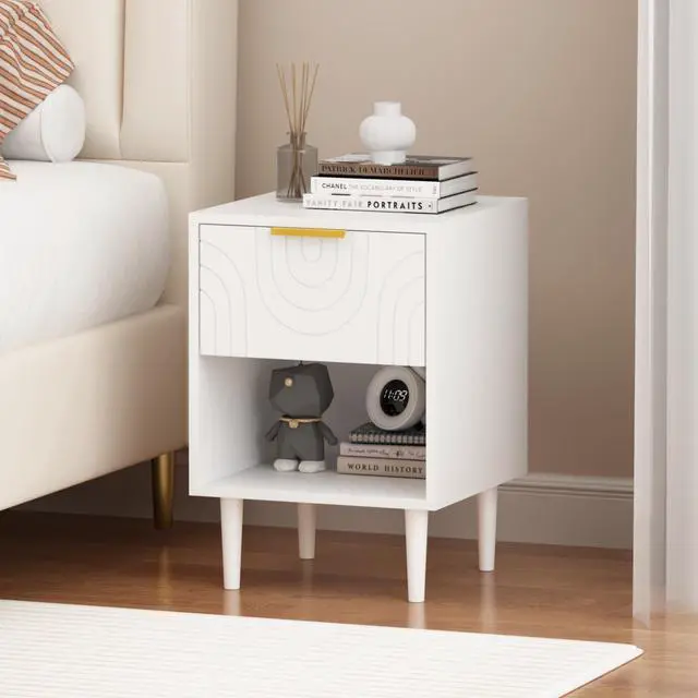 Alt view image 7 of 7 - 22.83'' H Modern White Nightstand With One Drawer And Open Shelf, Gold - Accented Handle, Ideal For Bedroom Decor