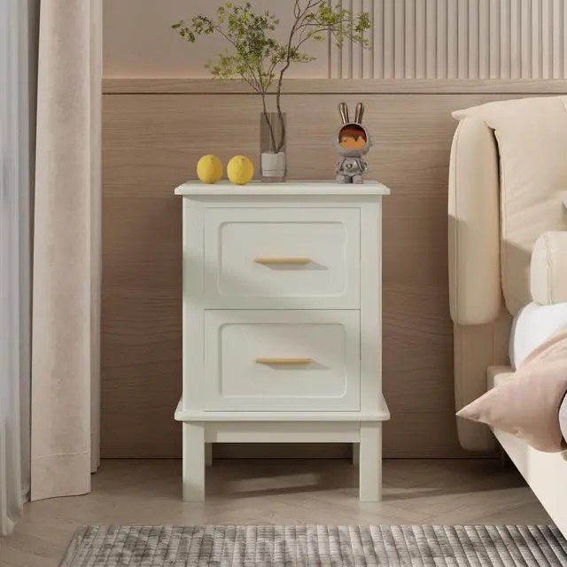 Main image of Modern Nightstand With 2 Drawers, Bedroom Bedside Table With Gold Handles, Sturdy Wood Accent Table For Small Spaces, Living Room, Kids Room & Guest Room-Off White