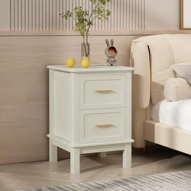 Alt view image 2 of 7 - Modern Nightstand With 2 Drawers, Bedroom Bedside Table With Gold Handles, Sturdy Wood Accent Table For Small Spaces, Living Room, Kids Room & Guest Room-Off White