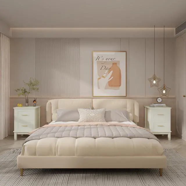 Alt view image 6 of 7 - Modern Nightstand With 2 Drawers, Bedroom Bedside Table With Gold Handles, Sturdy Wood Accent Table For Small Spaces, Living Room, Kids Room & Guest Room-Off White
