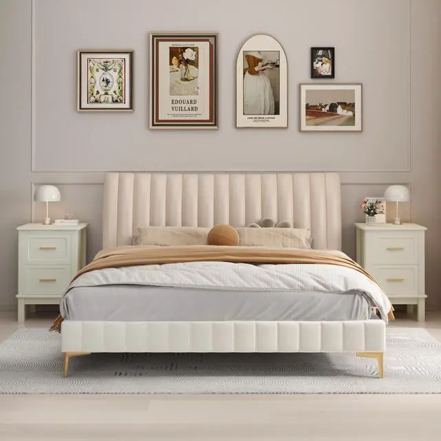 Alt view image 7 of 7 - Modern Nightstand With 2 Drawers, Bedroom Bedside Table With Gold Handles, Sturdy Wood Accent Table For Small Spaces, Living Room, Kids Room & Guest Room-Off White