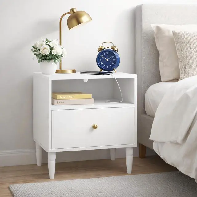 Main image of Modern White Nightstand With Drawer And Open Shelf, Bedside Table With Gold Knob, Solid Wood Legs, Small End Table For Bedroom, Living Room