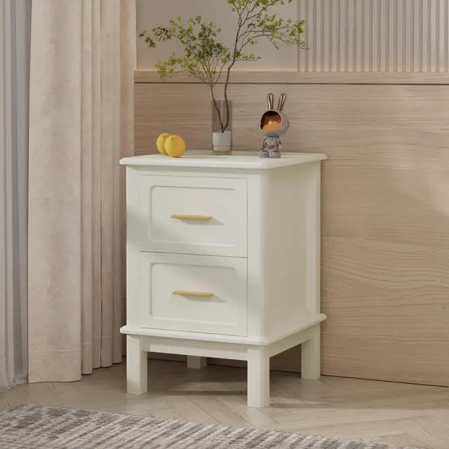 Alt view image 4 of 7 - Modern Nightstand With 2 Drawers, Bedroom Bedside Table With Gold Handles, Sturdy Wood Accent Table For Small Spaces, Living Room, Kids Room & Guest Room-Off White