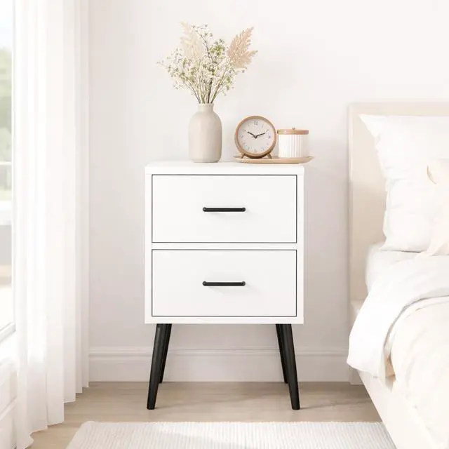 Main image of 2-Drawer Nightstand With Metal Legs And Metal Handles, Modern White Bedside Table, Small End Table For Bedroom, Living Room Or Apartment