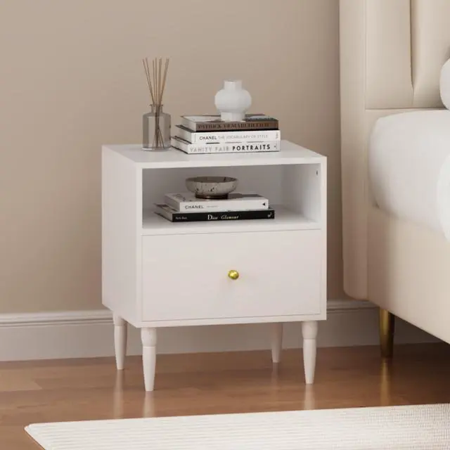 Alt view image 6 of 7 - Modern White Nightstand With Drawer And Open Shelf, Bedside Table With Gold Knob, Solid Wood Legs, Small End Table For Bedroom, Living Room
