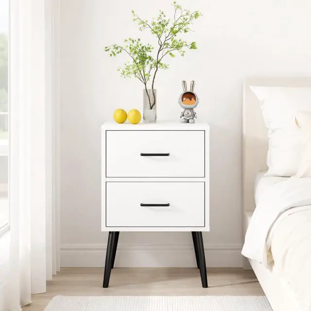 Alt view image 2 of 7 - 2-Drawer Nightstand With Metal Legs And Metal Handles, Modern White Bedside Table, Small End Table For Bedroom, Living Room Or Apartment