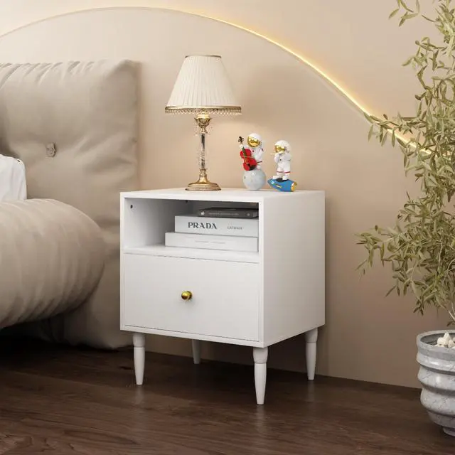 Alt view image 4 of 7 - Modern White Nightstand With Drawer And Open Shelf, Bedside Table With Gold Knob, Solid Wood Legs, Small End Table For Bedroom, Living Room