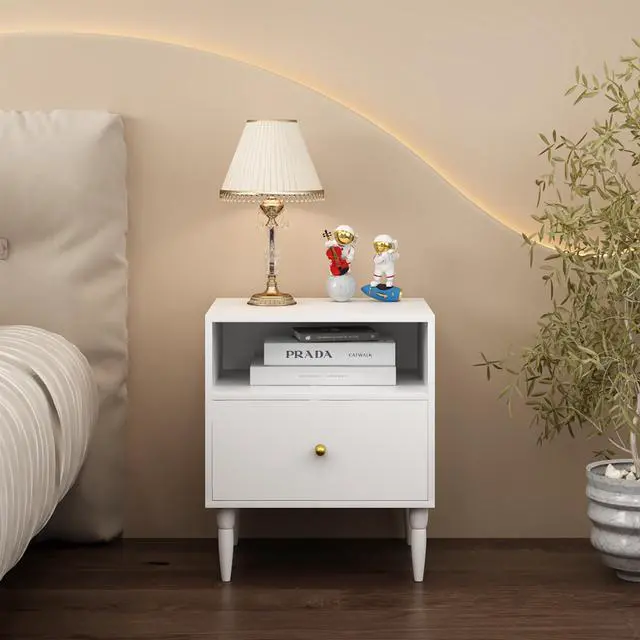 Alt view image 3 of 7 - Modern White Nightstand With Drawer And Open Shelf, Bedside Table With Gold Knob, Solid Wood Legs, Small End Table For Bedroom, Living Room