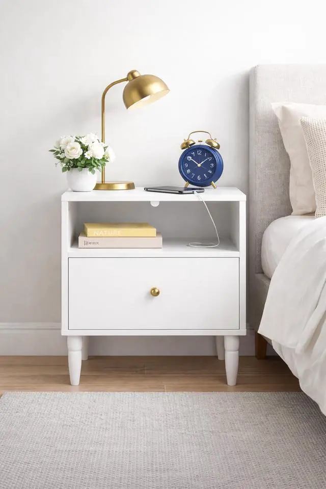 Alt view image 2 of 7 - Modern White Nightstand With Drawer And Open Shelf, Bedside Table With Gold Knob, Solid Wood Legs, Small End Table For Bedroom, Living Room