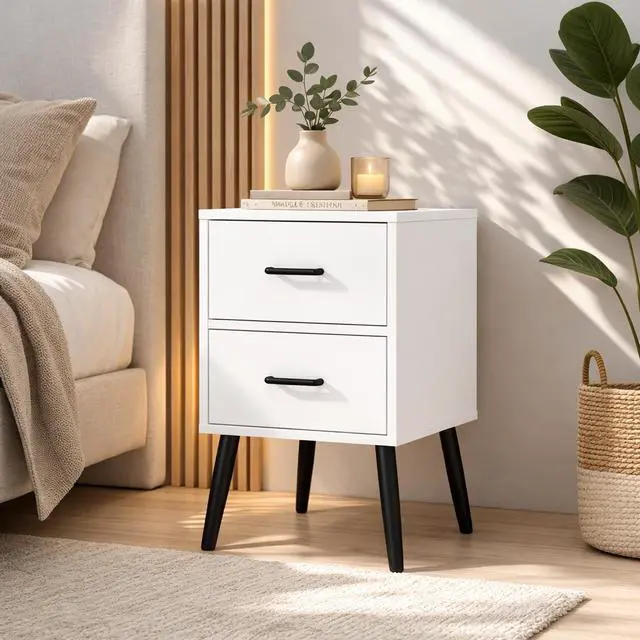 Alt view image 3 of 7 - 2-Drawer Nightstand With Metal Legs And Metal Handles, Modern White Bedside Table, Small End Table For Bedroom, Living Room Or Apartment