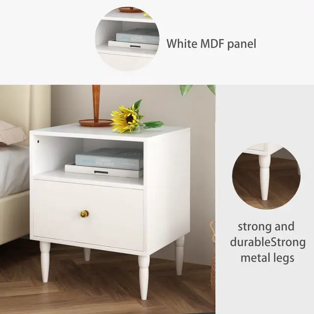 Alt view image 7 of 7 - Modern White Nightstand With Drawer And Open Shelf, Bedside Table With Gold Knob, Solid Wood Legs, Small End Table For Bedroom, Living Room