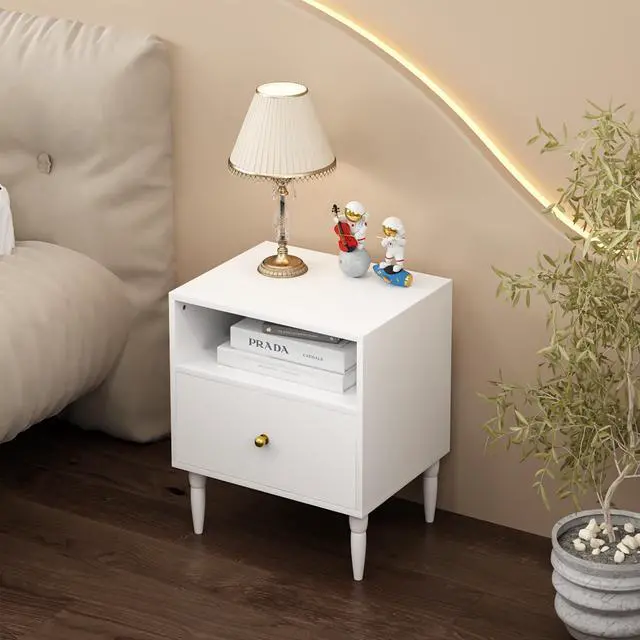 Alt view image 5 of 7 - Modern White Nightstand With Drawer And Open Shelf, Bedside Table With Gold Knob, Solid Wood Legs, Small End Table For Bedroom, Living Room