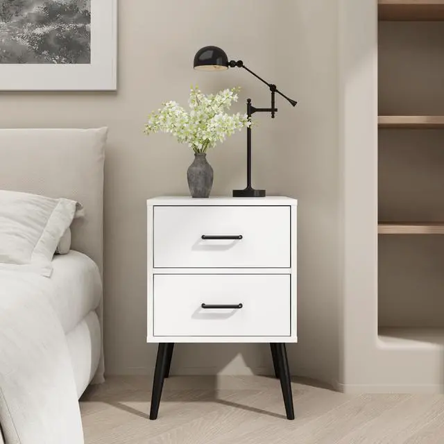 Alt view image 4 of 7 - 2-Drawer Nightstand With Metal Legs And Metal Handles, Modern White Bedside Table, Small End Table For Bedroom, Living Room Or Apartment
