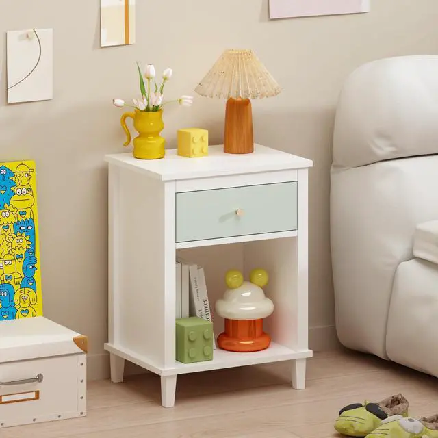 Main image of 26.77''H Wooden Nightstand With One Drawer One Shelf For Kids, Adults, Sage+Golden Handle