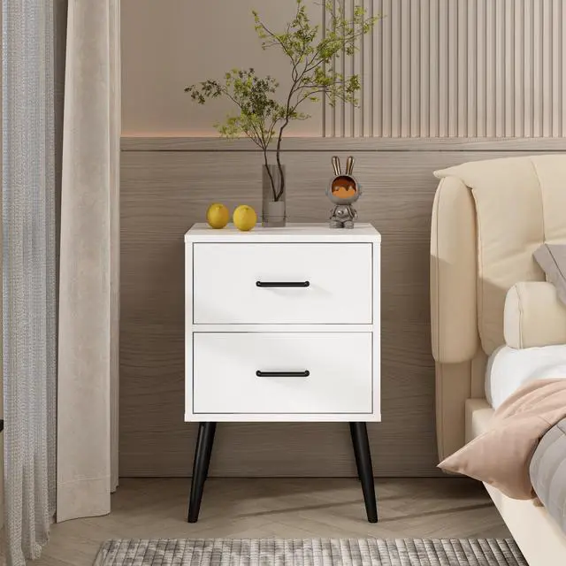 Alt view image 5 of 7 - 2-Drawer Nightstand With Metal Legs And Metal Handles, Modern White Bedside Table, Small End Table For Bedroom, Living Room Or Apartment