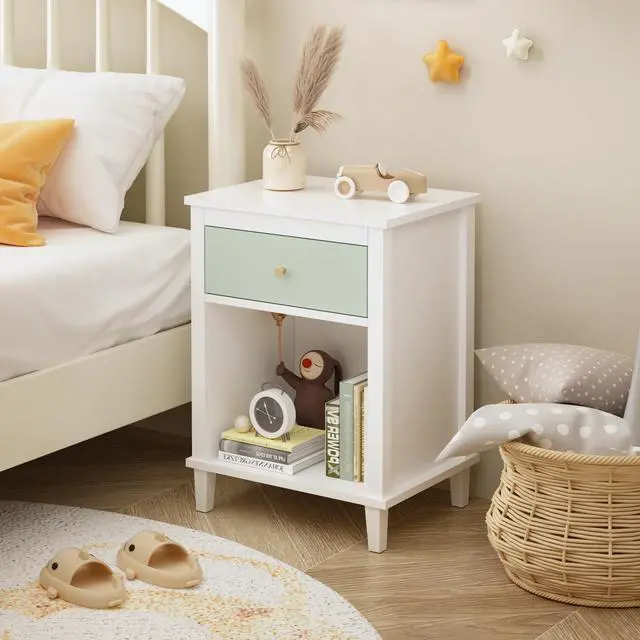 Alt view image 2 of 7 - 26.77''H Wooden Nightstand With One Drawer One Shelf For Kids, Adults, Sage+Golden Handle