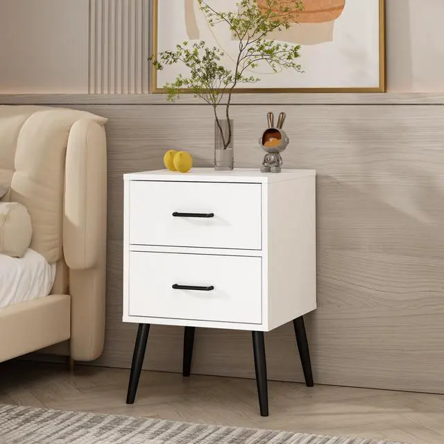 Alt view image 7 of 7 - 2-Drawer Nightstand With Metal Legs And Metal Handles, Modern White Bedside Table, Small End Table For Bedroom, Living Room Or Apartment