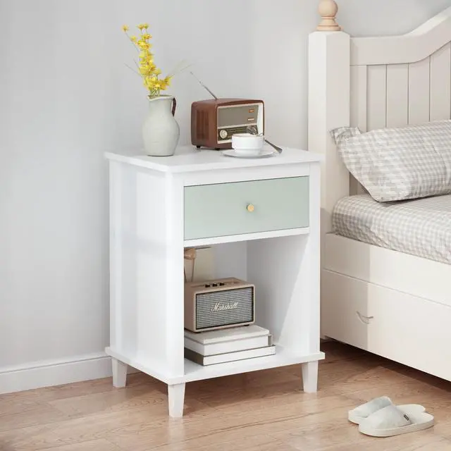 Alt view image 3 of 7 - 26.77''H Wooden Nightstand With One Drawer One Shelf For Kids, Adults, Sage+Golden Handle