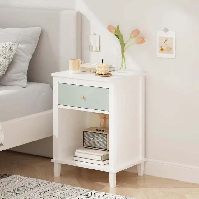 Alt view image 4 of 7 - 26.77''H Wooden Nightstand With One Drawer One Shelf For Kids, Adults, Sage+Golden Handle