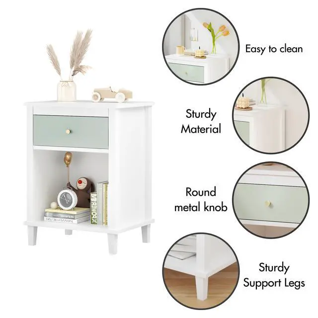 Alt view image 7 of 7 - 26.77''H Wooden Nightstand With One Drawer One Shelf For Kids, Adults, Sage+Golden Handle
