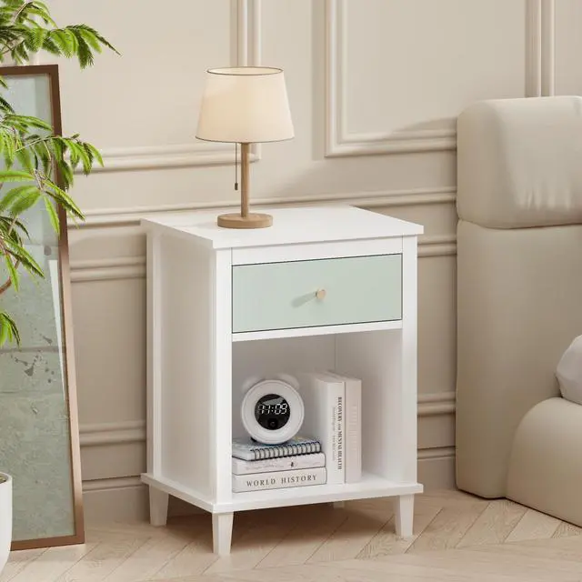 Alt view image 5 of 7 - 26.77''H Wooden Nightstand With One Drawer One Shelf For Kids, Adults, Sage+Golden Handle