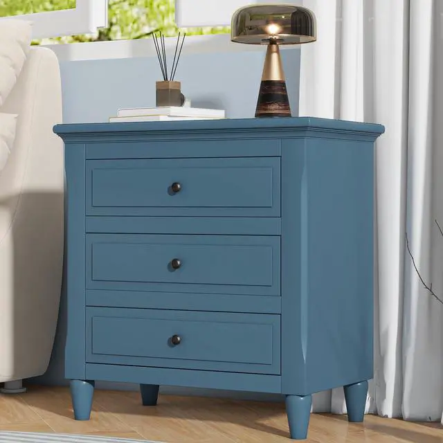 Alt view image 2 of 7 - U_Style 28''Pine Wood Nightstand With 3 Drawers And Smooth Gliding Rails ,Simple Bedside Cabinet With Metal Handle, Minimalist Sofa Side Table With Rubber Legs For Bedroom Sofa Couch Office