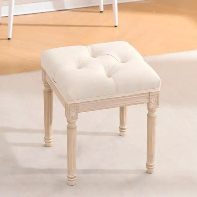 Main image of French Style Bench, Linen Fabric Entryway Bench, Upholstered Tufted End of Bed Bench with Brushed Wood Legs, Beige