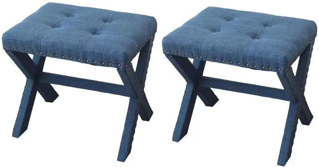 Main image of Accent Stool, Tufted Linen Upholstered Chair, X-Base Wood Seat with Nailhead Trim, 17"D x 19"W x 17"H, 300 lbs Capacity