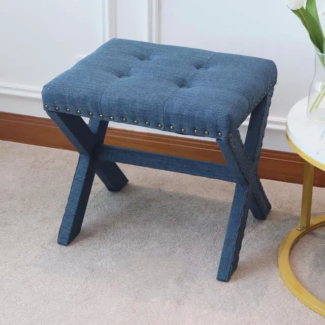 Alt view image 2 of 6 - Accent Stool, Tufted Linen Upholstered Chair, X-Base Wood Seat with Nailhead Trim, 17"D x 19"W x 17"H, 300 lbs Capacity
