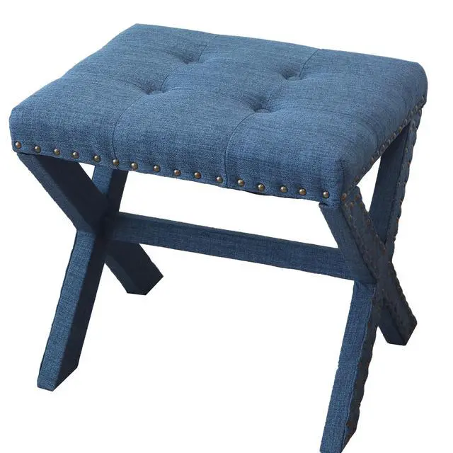 Alt view image 6 of 6 - Accent Stool, Tufted Linen Upholstered Chair, X-Base Wood Seat with Nailhead Trim, 17"D x 19"W x 17"H, 300 lbs Capacity