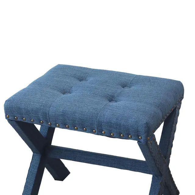 Alt view image 4 of 6 - Accent Stool, Tufted Linen Upholstered Chair, X-Base Wood Seat with Nailhead Trim, 17"D x 19"W x 17"H, 300 lbs Capacity