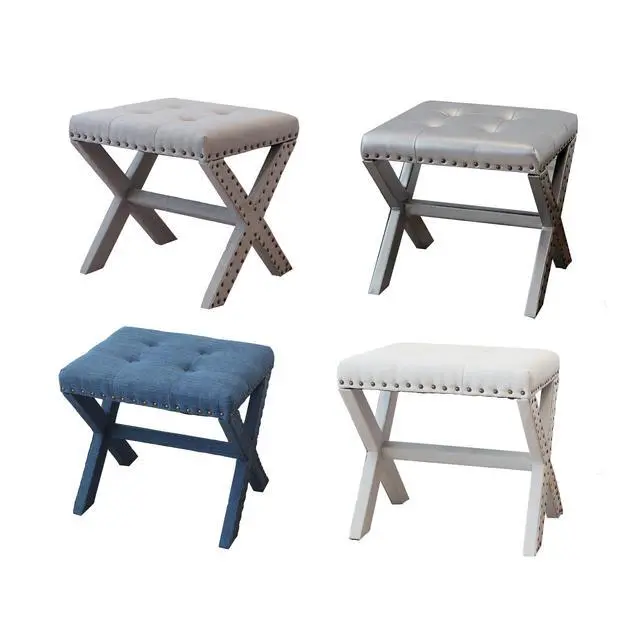 Alt view image 5 of 6 - Accent Stool, Tufted Linen Upholstered Chair, X-Base Wood Seat with Nailhead Trim, 17"D x 19"W x 17"H, 300 lbs Capacity
