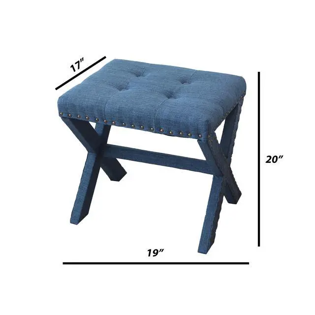 Alt view image 3 of 6 - Accent Stool, Tufted Linen Upholstered Chair, X-Base Wood Seat with Nailhead Trim, 17"D x 19"W x 17"H, 300 lbs Capacity