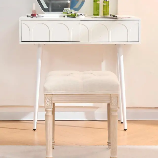 Alt view image 3 of 7 - French Style Bench, Linen Fabric Entryway Bench, Upholstered Tufted End of Bed Bench with Brushed Wood Legs, Beige