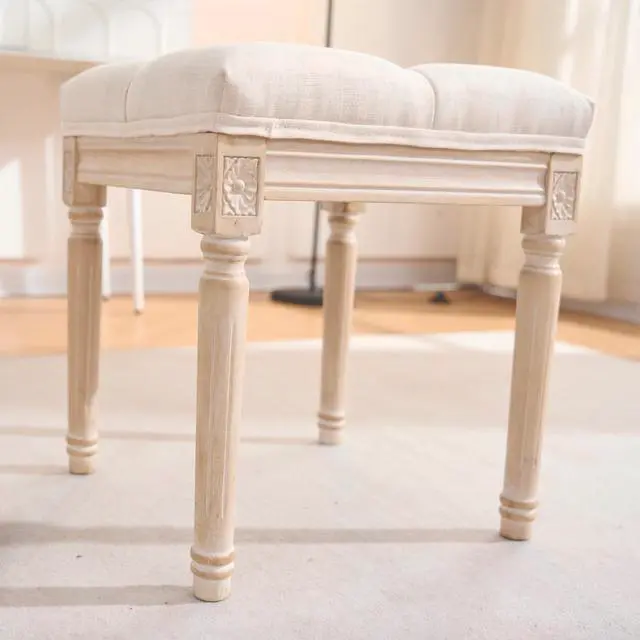 Alt view image 5 of 7 - French Style Bench, Linen Fabric Entryway Bench, Upholstered Tufted End of Bed Bench with Brushed Wood Legs, Beige