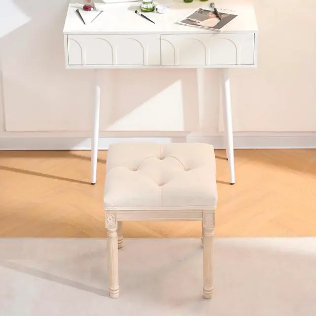 Alt view image 6 of 7 - French Style Bench, Linen Fabric Entryway Bench, Upholstered Tufted End of Bed Bench with Brushed Wood Legs, Beige