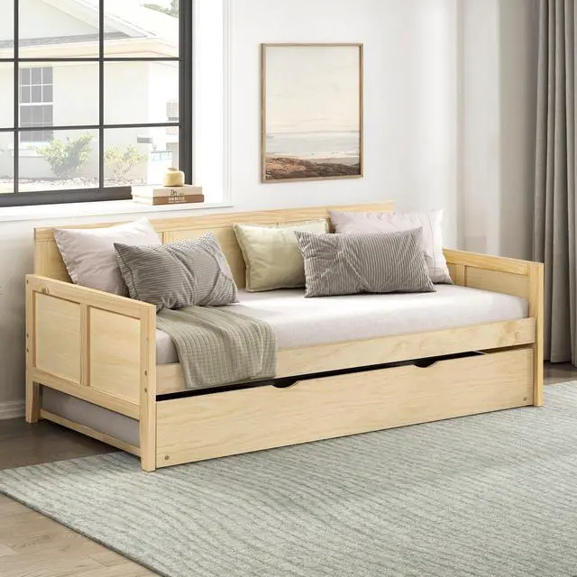 Main image of Daybed With Pull Out Trundle Natural Pine Finish Wooden Home Furniture 1Pc Sofa Bed
