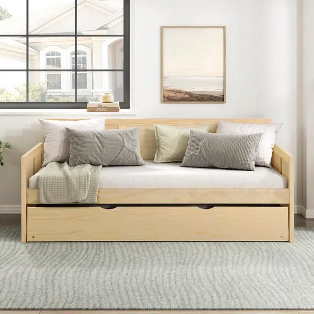 Alt view image 2 of 7 - Daybed With Pull Out Trundle Natural Pine Finish Wooden Home Furniture 1Pc Sofa Bed