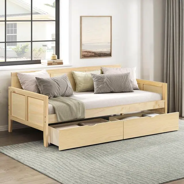 Main image of Daybed With Storage Boxes Natural Pine Finish Wooden Home Furniture 1Pc Sofa Bed