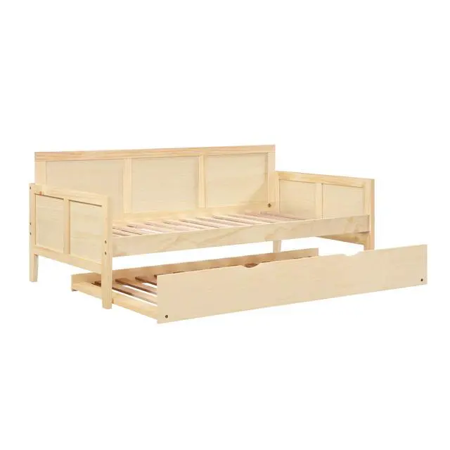 Alt view image 6 of 7 - Daybed With Pull Out Trundle Natural Pine Finish Wooden Home Furniture 1Pc Sofa Bed