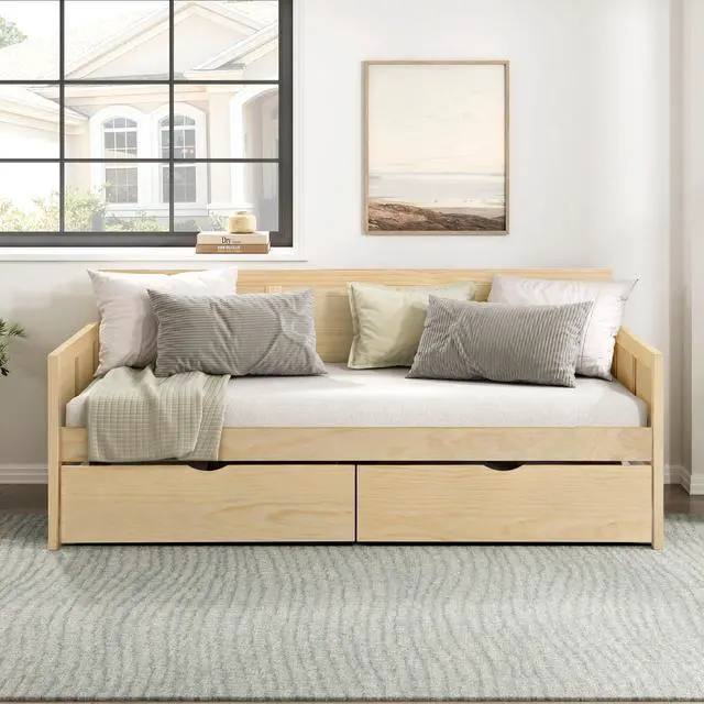 Alt view image 2 of 7 - Daybed With Storage Boxes Natural Pine Finish Wooden Home Furniture 1Pc Sofa Bed