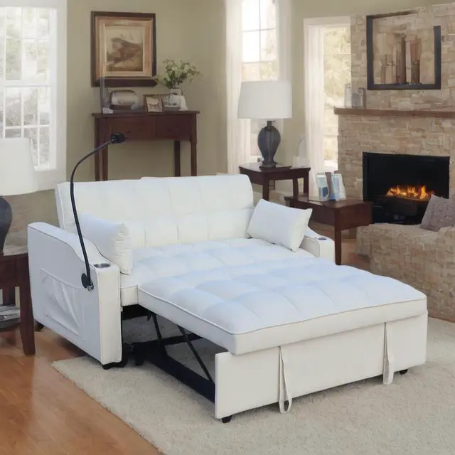 Alt view image 2 of 7 - Modern Velvet Loveseat Futon Sofa Couch W/Pullout Bed,Small Love Seat Lounge Sofa With Adjustable Reclining Backrest,Toss Pillows, Pockets,Furniture For Living Room,3 In 1 Convertible Sleeper Sofa Bed
