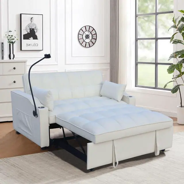 Alt view image 7 of 7 - Modern Velvet Loveseat Futon Sofa Couch W/Pullout Bed,Small Love Seat Lounge Sofa With Adjustable Reclining Backrest,Toss Pillows, Pockets,Furniture For Living Room,3 In 1 Convertible Sleeper Sofa Bed