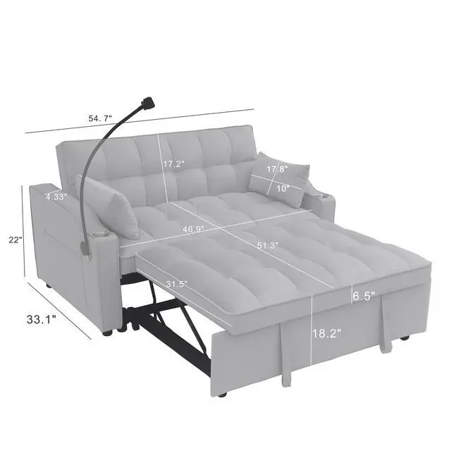 Alt view image 3 of 7 - Modern Velvet Loveseat Futon Sofa Couch W/Pullout Bed,Small Love Seat Lounge Sofa With Adjustable Reclining Backrest,Toss Pillows, Pockets,Furniture For Living Room,3 In 1 Convertible Sleeper Sofa Bed