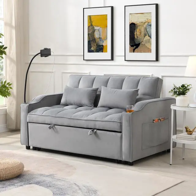 Alt view image 4 of 7 - Modern Velvet Loveseat Futon Sofa Couch W/Pullout Bed,Small Love Seat Lounge Sofa With Adjustable Reclining Backrest,Toss Pillows, Pockets,Furniture For Living Room,3 In 1 Convertible Sleeper Sofa Bed