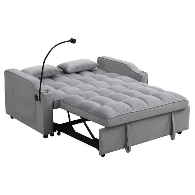 Alt view image 7 of 7 - Modern Velvet Loveseat Futon Sofa Couch W/Pullout Bed,Small Love Seat Lounge Sofa With Adjustable Reclining Backrest,Toss Pillows, Pockets,Furniture For Living Room,3 In 1 Convertible Sleeper Sofa Bed