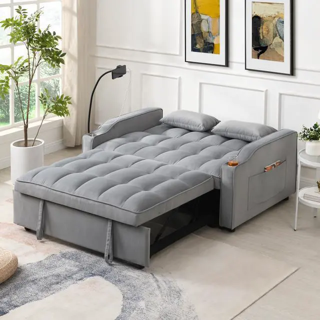 Alt view image 2 of 7 - Modern Velvet Loveseat Futon Sofa Couch W/Pullout Bed,Small Love Seat Lounge Sofa With Adjustable Reclining Backrest,Toss Pillows, Pockets,Furniture For Living Room,3 In 1 Convertible Sleeper Sofa Bed